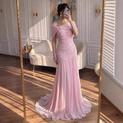 Luxury Pink Chiffon Beaded A-Line Evening Dress with Sheer Cape LA73347 - SERENE  HILL