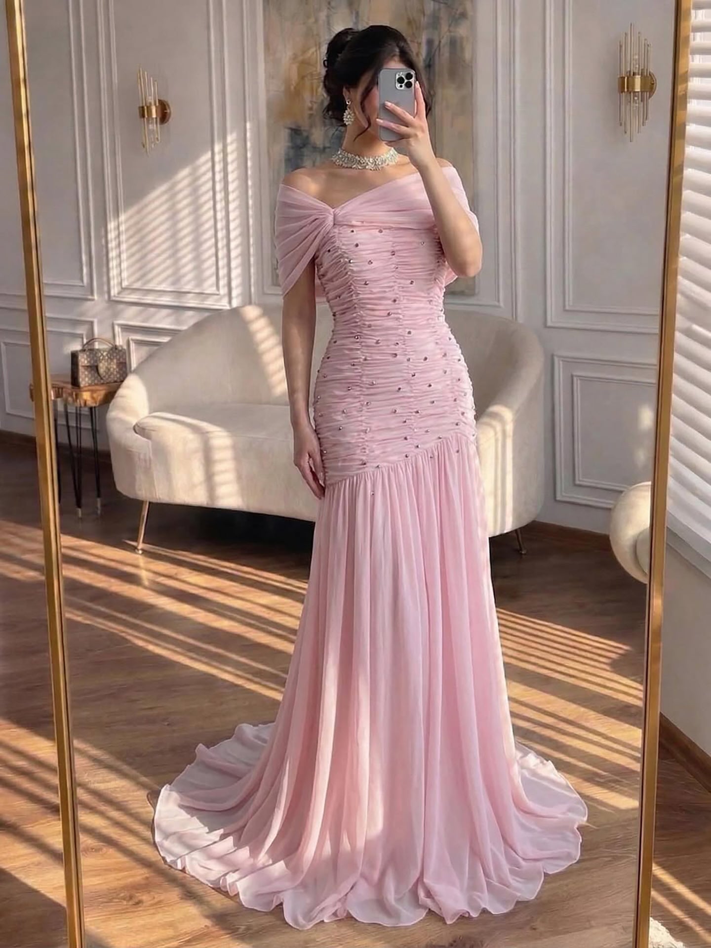 Luxury Pink Chiffon Beaded A-Line Evening Dress with Sheer Cape LA73347 - SERENE  HILL