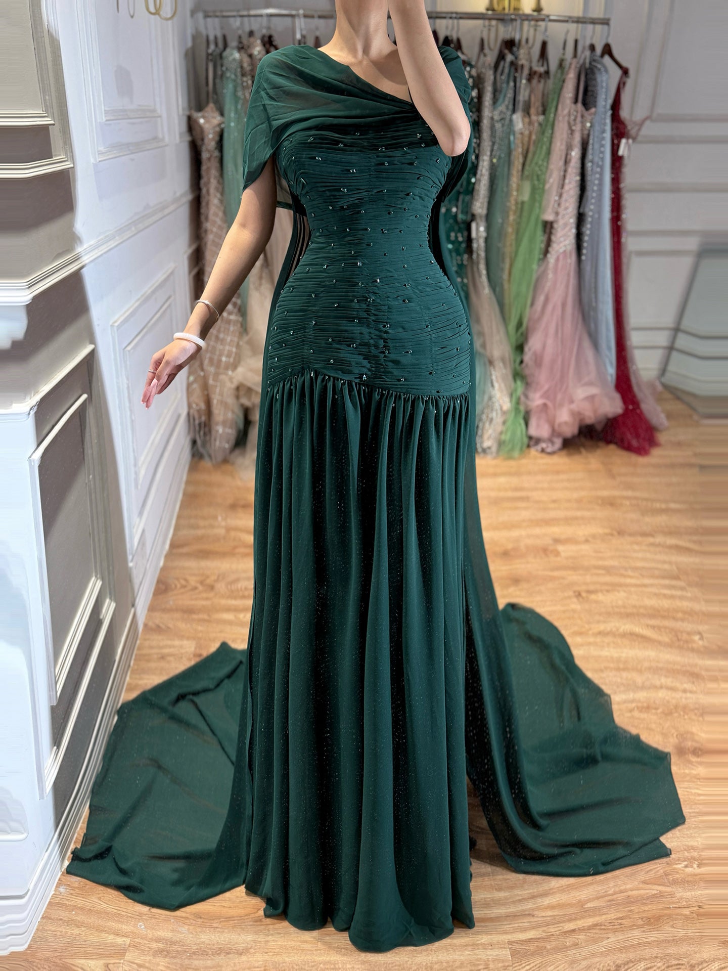 Luxury Pink Chiffon Beaded A-Line Evening Dress with Sheer Cape LA73347 SERENE HILL