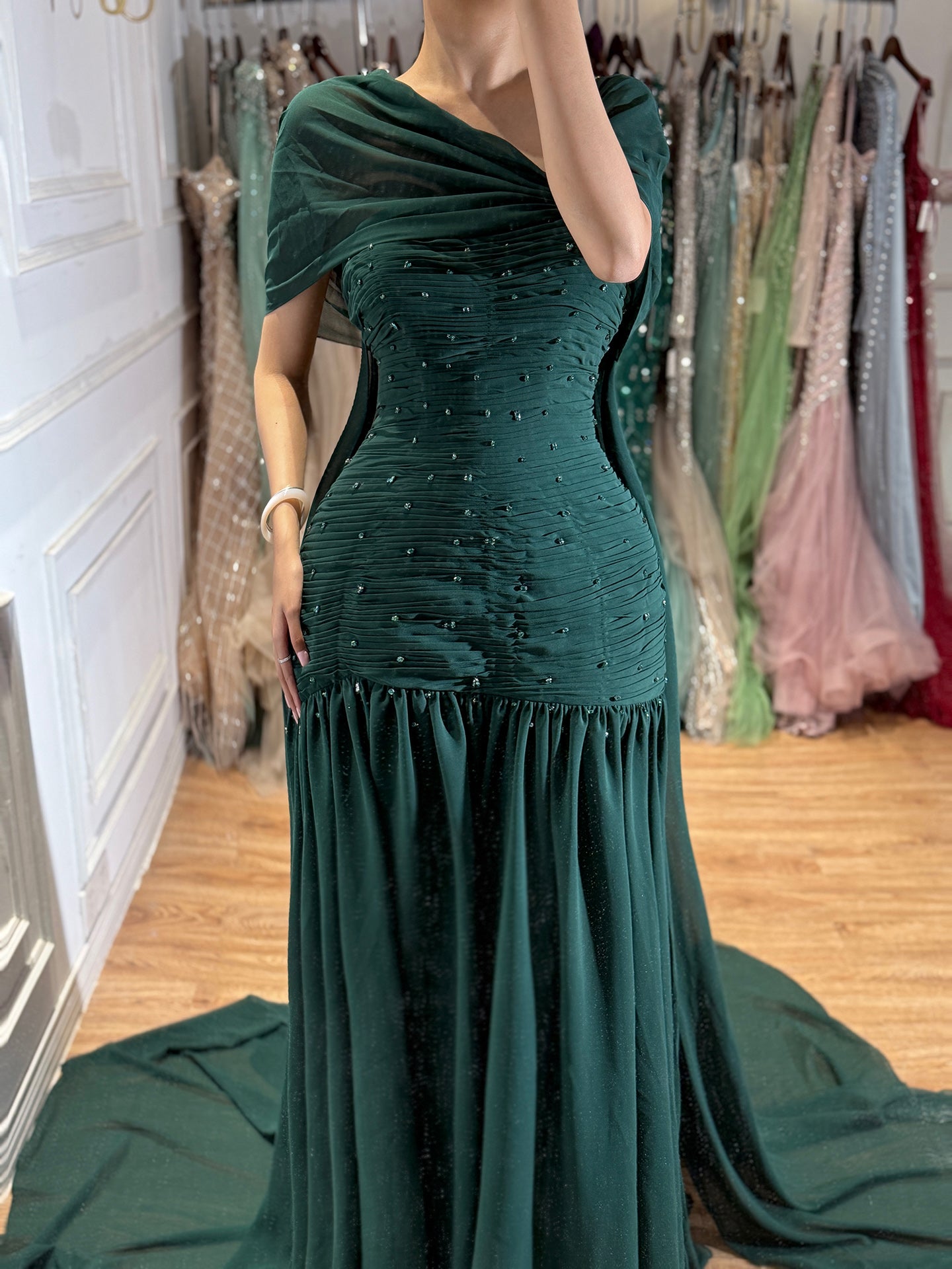 Luxury Pink Chiffon Beaded A-Line Evening Dress with Sheer Cape LA73347 SERENE HILL