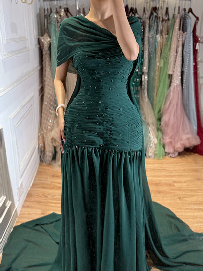 Luxury Pink Chiffon Beaded A-Line Evening Dress with Sheer Cape LA73347 SERENE HILL