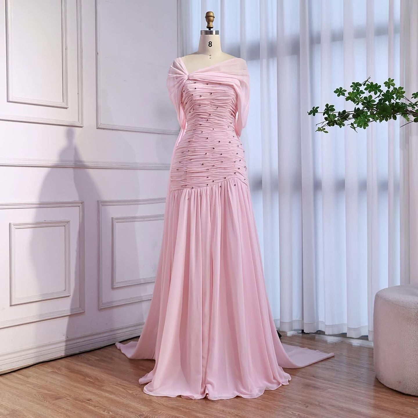 Luxury Pink Chiffon Beaded A-Line Evening Dress with Sheer Cape LA73347 - SERENE  HILL