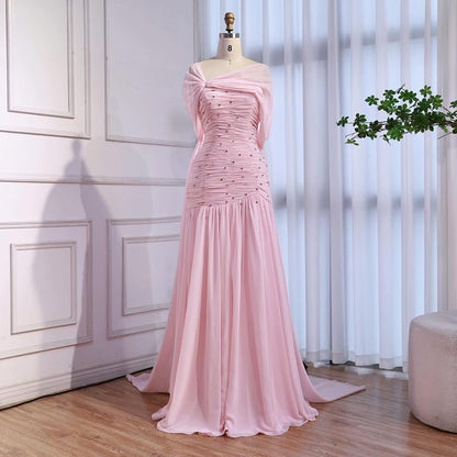 Luxury Pink Chiffon Beaded A-Line Evening Dress with Sheer Cape LA73347 - SERENE  HILL