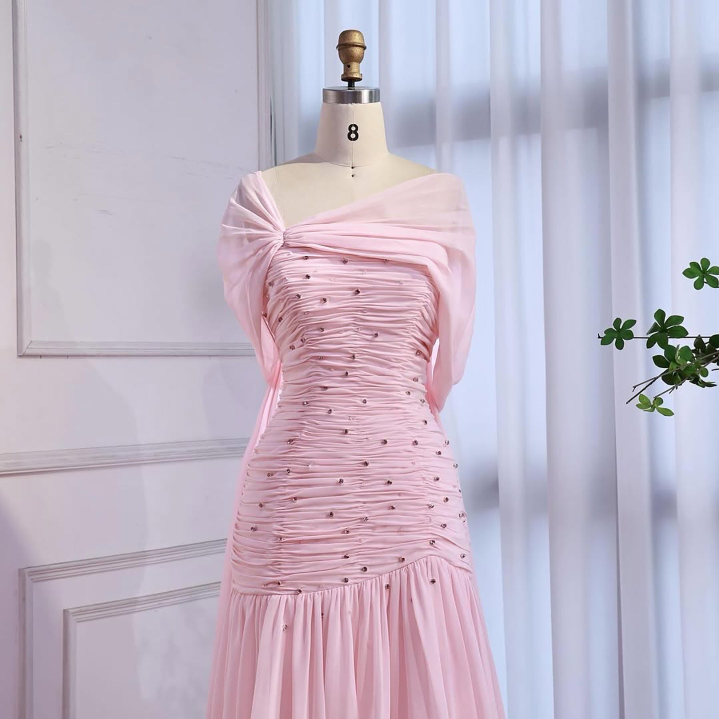 Luxury Pink Chiffon Beaded A-Line Evening Dress with Sheer Cape LA73347 - SERENE  HILL