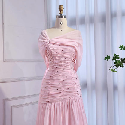 Luxury Pink Chiffon Beaded A-Line Evening Dress with Sheer Cape LA73347 - SERENE  HILL
