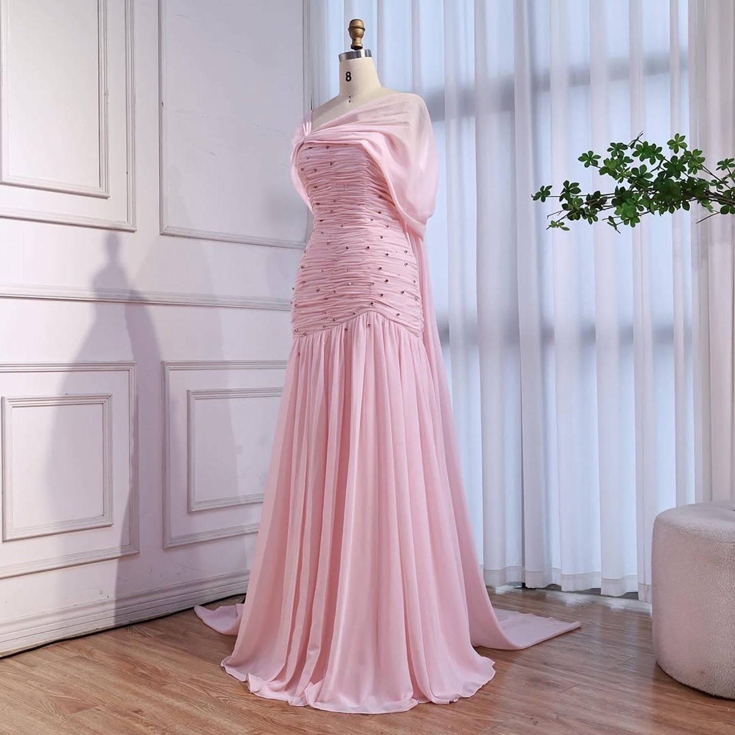 Luxury Pink Chiffon Beaded A-Line Evening Dress with Sheer Cape LA73347 - SERENE  HILL