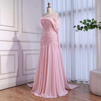 Luxury Pink Chiffon Beaded A-Line Evening Dress with Sheer Cape LA73347 - SERENE  HILL