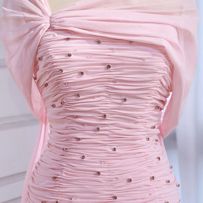 Luxury Pink Chiffon Beaded A-Line Evening Dress with Sheer Cape LA73347 - SERENE  HILL