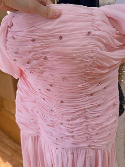 Luxury Pink Chiffon Beaded A-Line Evening Dress with Sheer Cape LA73347 - SERENE  HILL