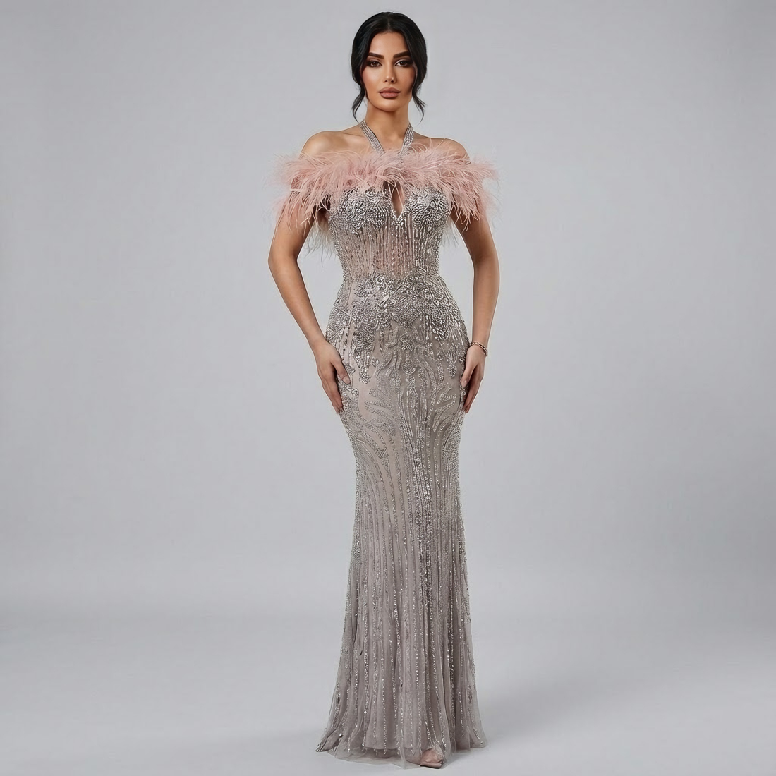 Luxury Nude Halter Feather Crystal Evening Dress LA73349 - SERENE HILL