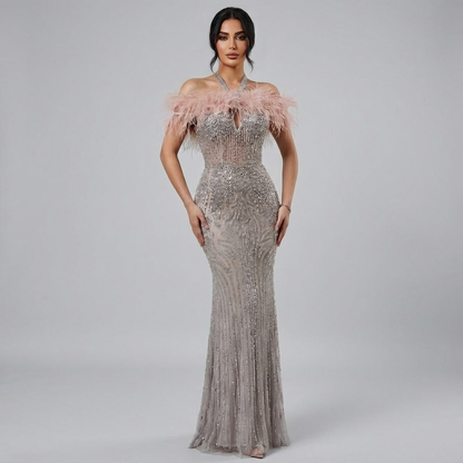 Luxury Nude Halter Feather Crystal Evening Dress LA73349 - SERENE HILL