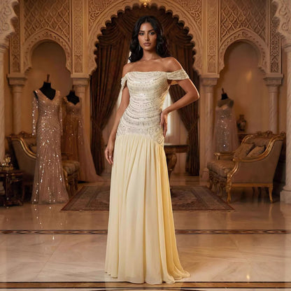 Luxury Evening Dress Yellow Off Shoulder Beaded A-Line Gown LA73350 - SERENE  HILL