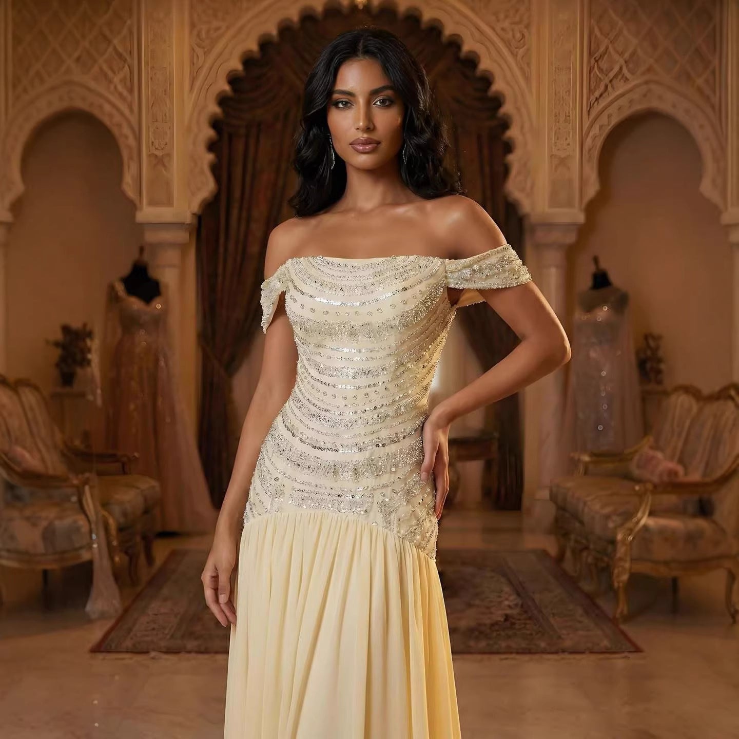 Luxury Evening Dress Yellow Off Shoulder Beaded A-Line Gown LA73350 - SERENE  HILL