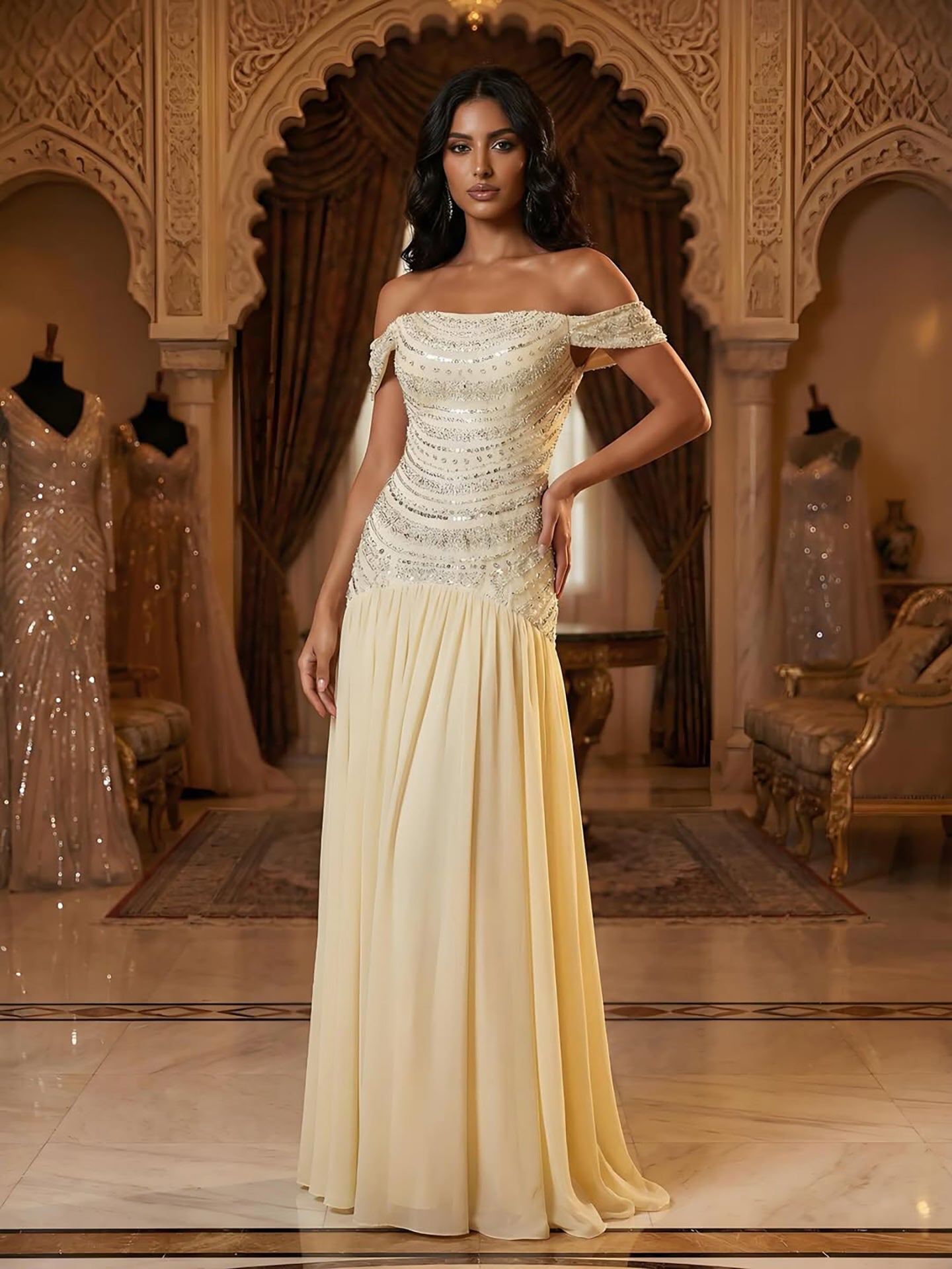 Luxury Evening Dress Yellow Off Shoulder Beaded A-Line Gown LA73350 - SERENE  HILL