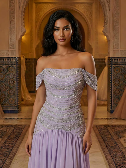 Luxury Evening Dress Yellow Off Shoulder Beaded A-Line Gown LA73350 - SERENE  HILL