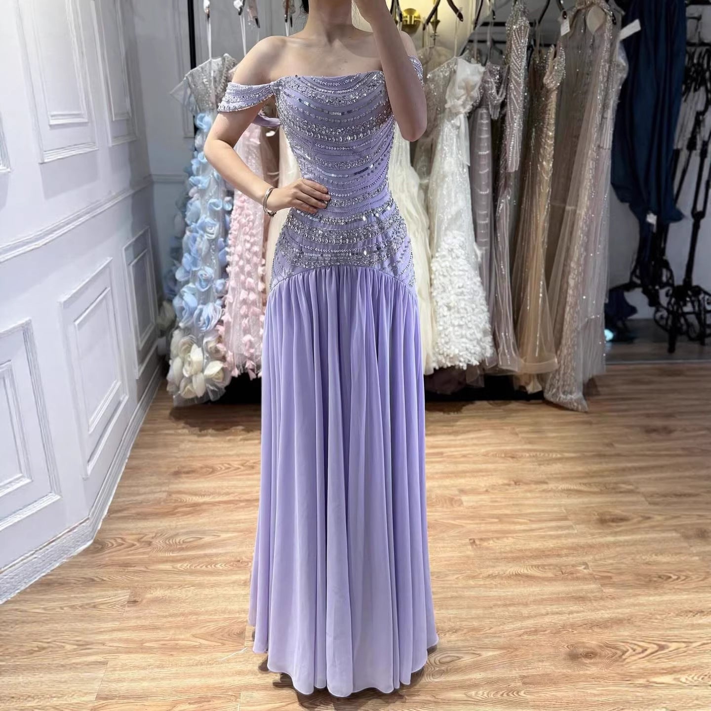 Luxury Evening Dress Yellow Off Shoulder Beaded A-Line Gown LA73350 - SERENE  HILL