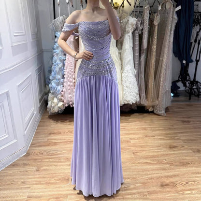 Luxury Evening Dress Yellow Off Shoulder Beaded A-Line Gown LA73350 - SERENE  HILL
