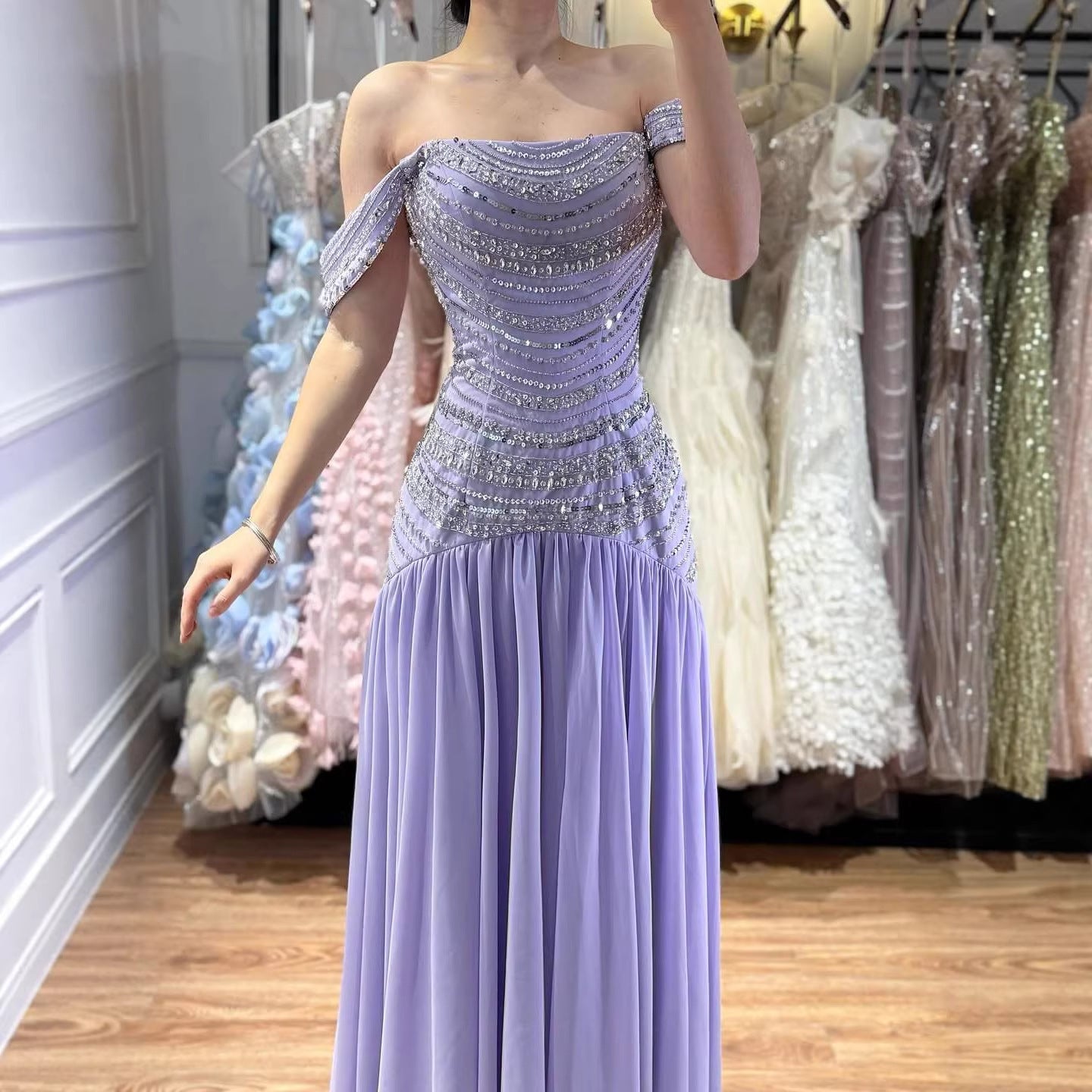 Luxury Evening Dress Yellow Off Shoulder Beaded A-Line Gown LA73350 - SERENE  HILL