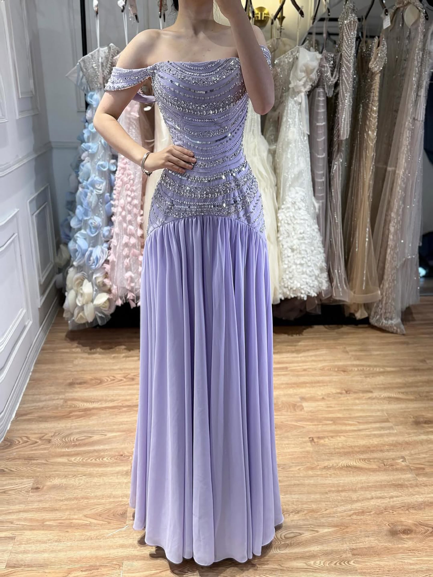 Luxury Evening Dress Yellow Off Shoulder Beaded A-Line Gown LA73350 - SERENE  HILL