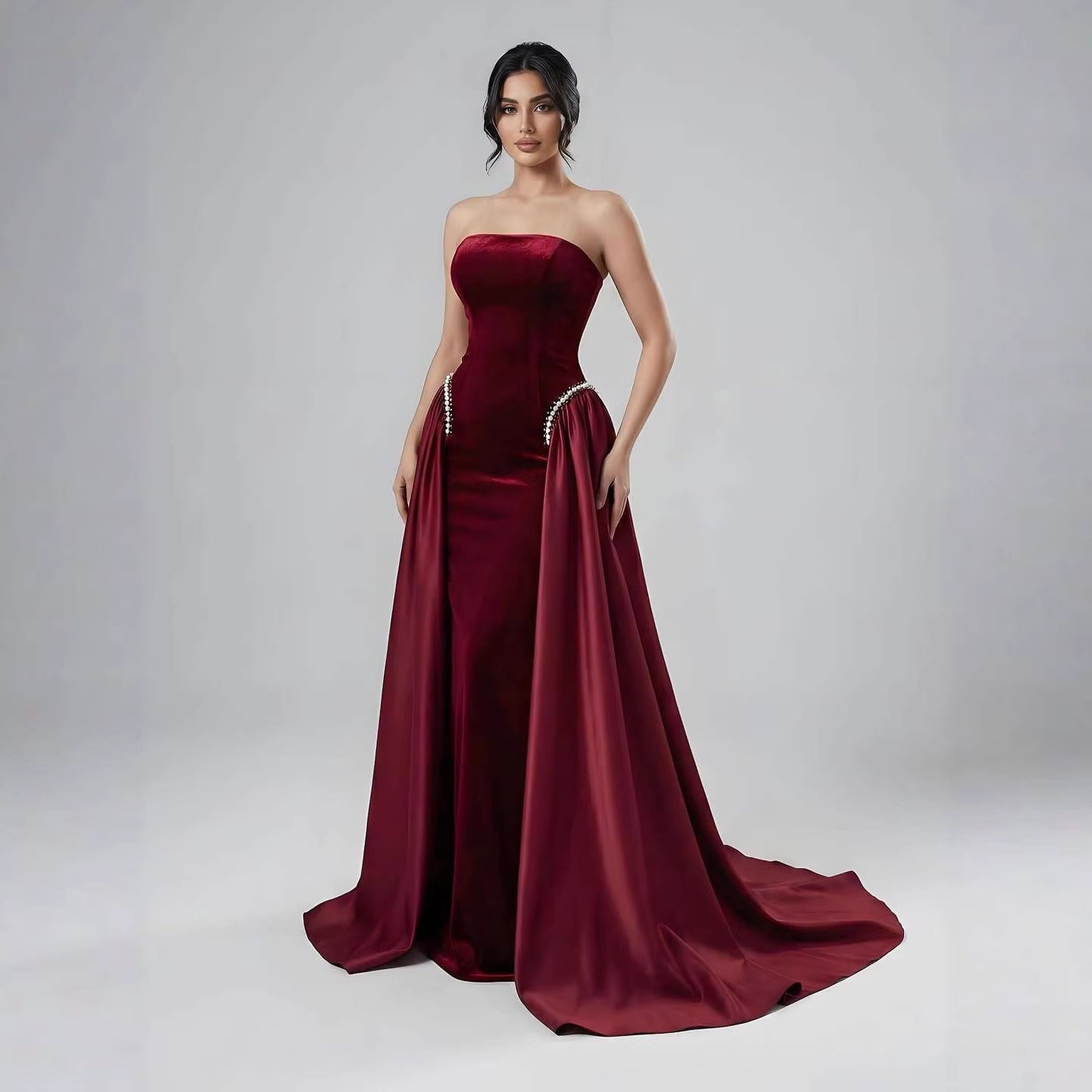 Luxury Navy Blue Mermaid Pearls Evening Dress Gowns With Skirt LA73351