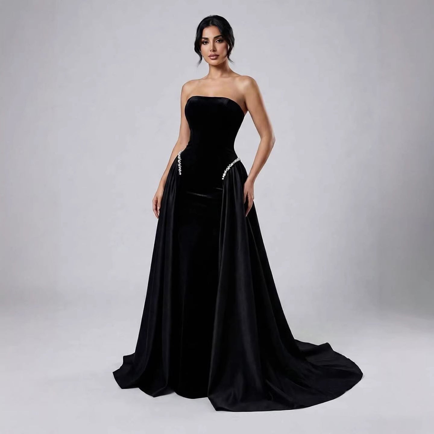 Luxury Navy Blue Mermaid Pearls Evening Dress Gowns With Skirt LA73351