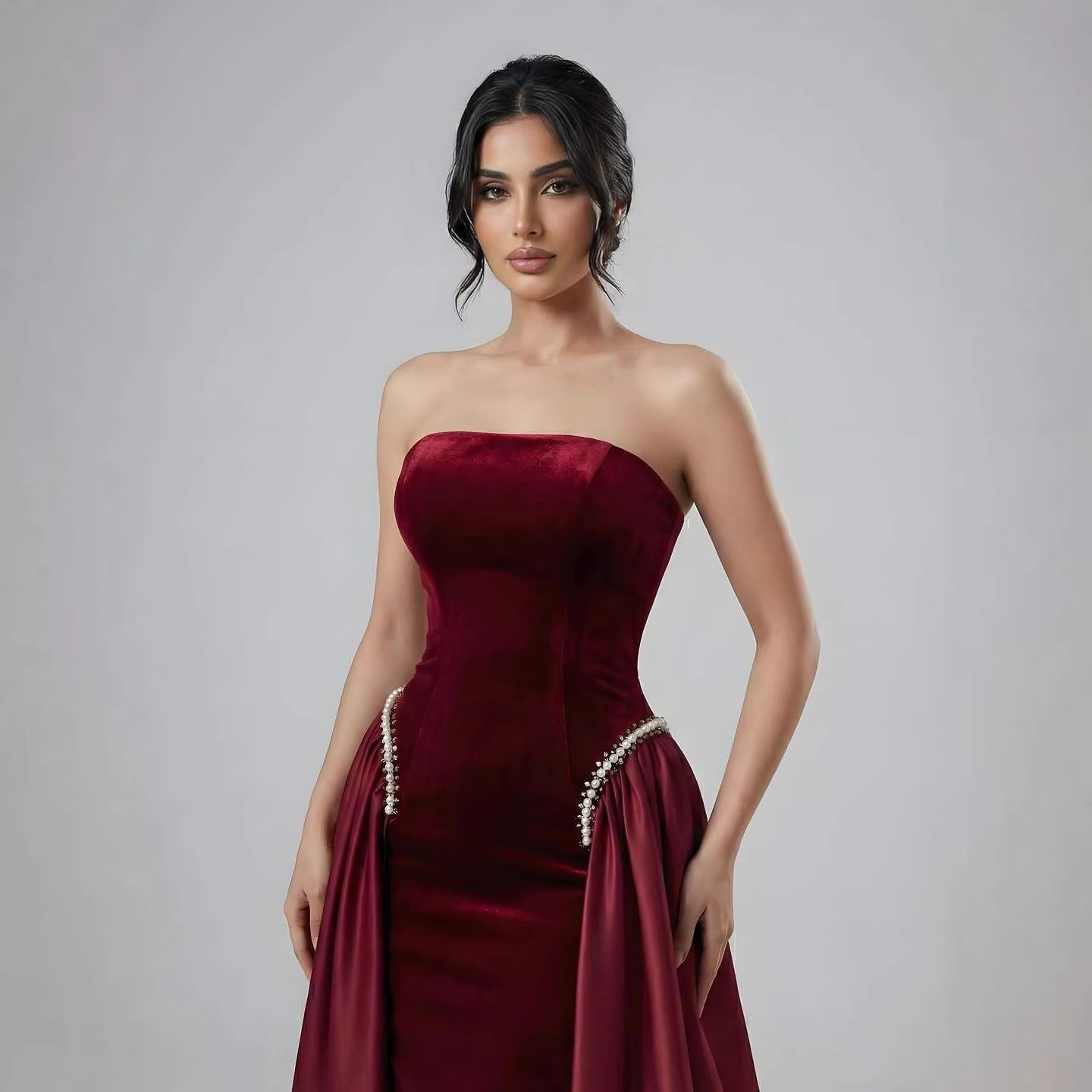 Luxury Navy Blue Mermaid Pearls Evening Dress Gowns With Skirt LA73351