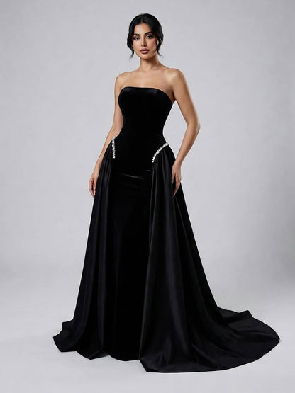 Luxury Navy Blue Mermaid Pearls Evening Dress Gowns With Skirt LA73351