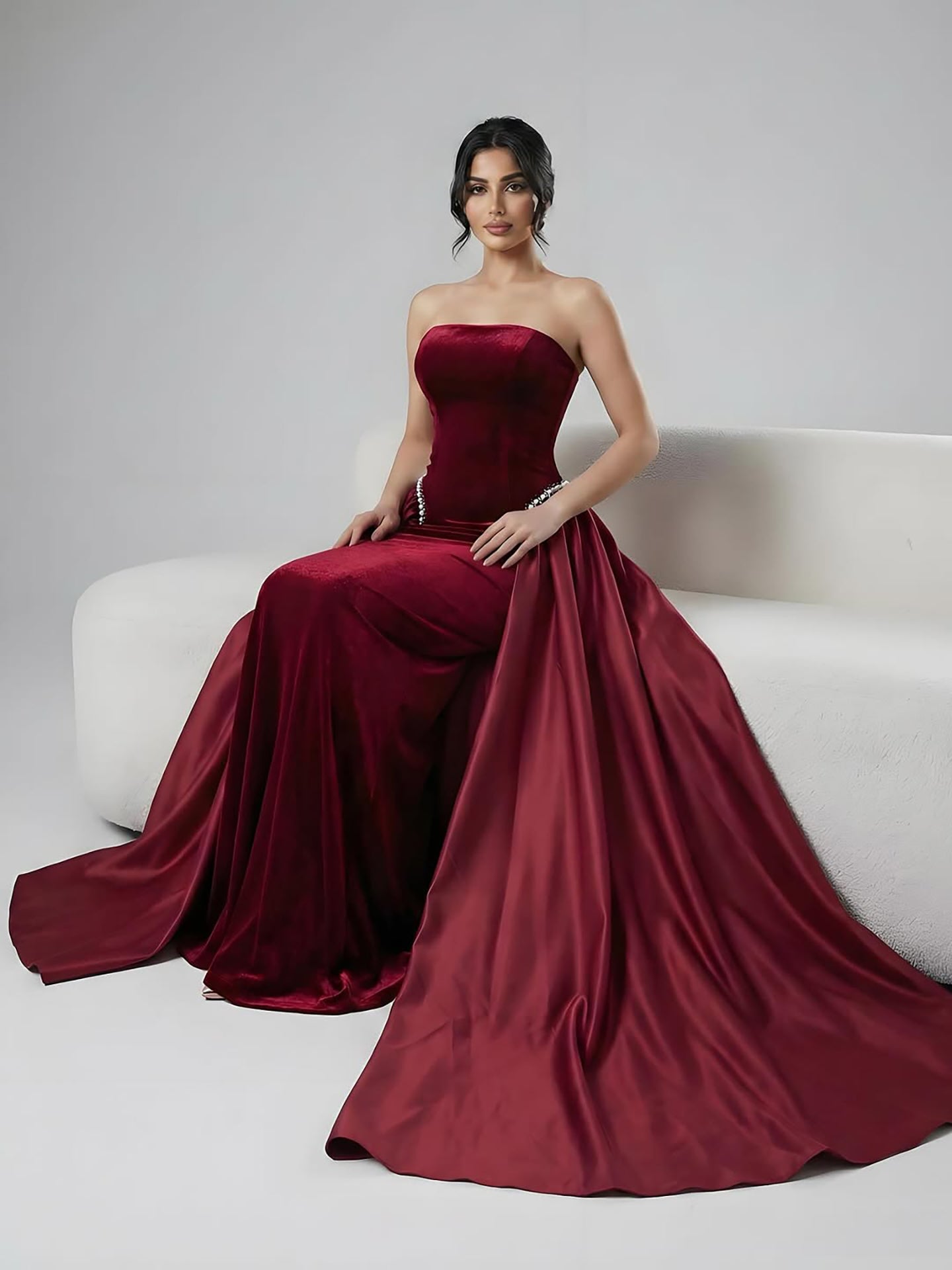 Luxury Navy Blue Mermaid Pearls Evening Dress Gowns With Skirt LA73351