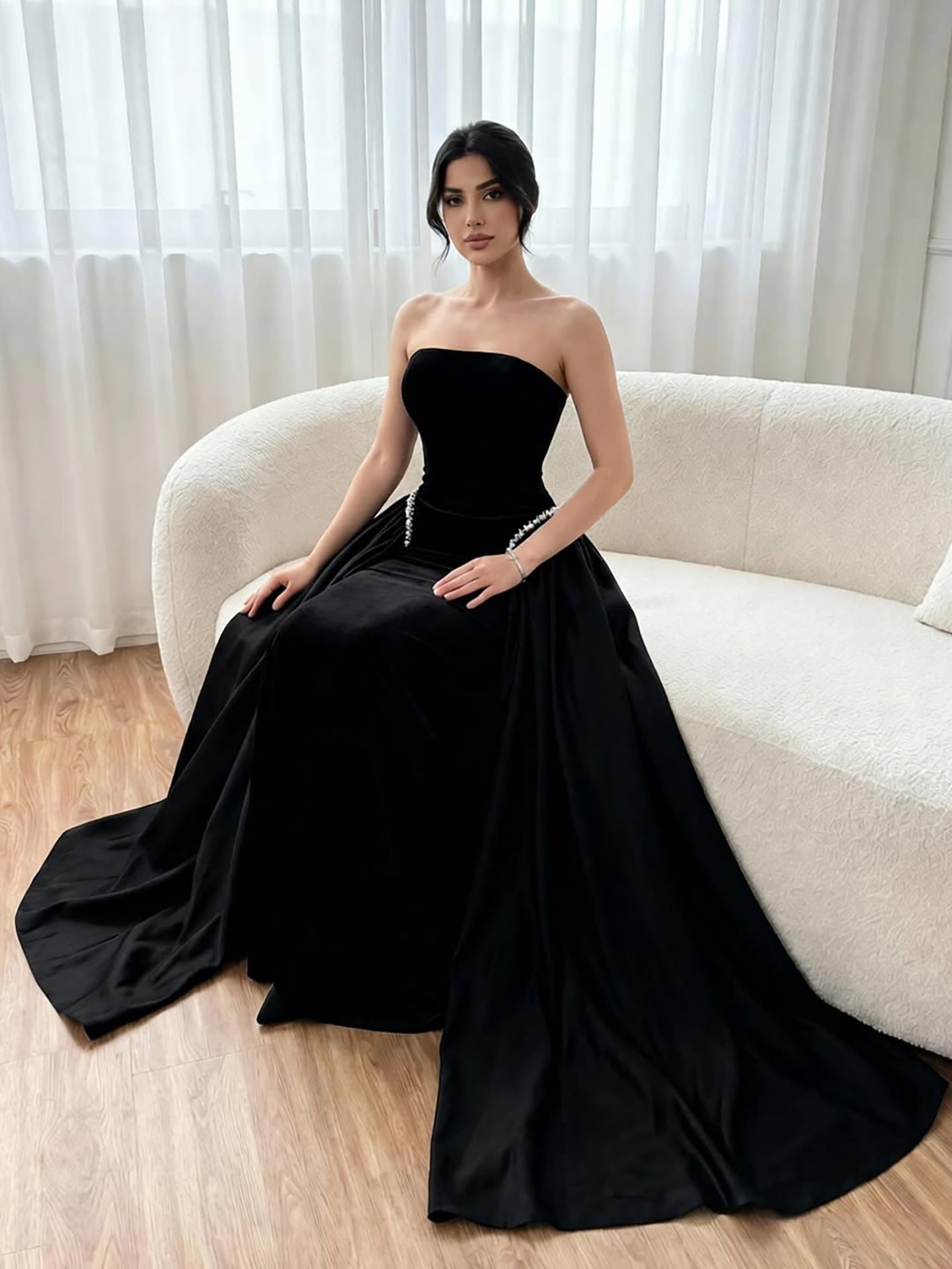 Luxury Navy Blue Mermaid Pearls Evening Dress Gowns With Skirt LA73351