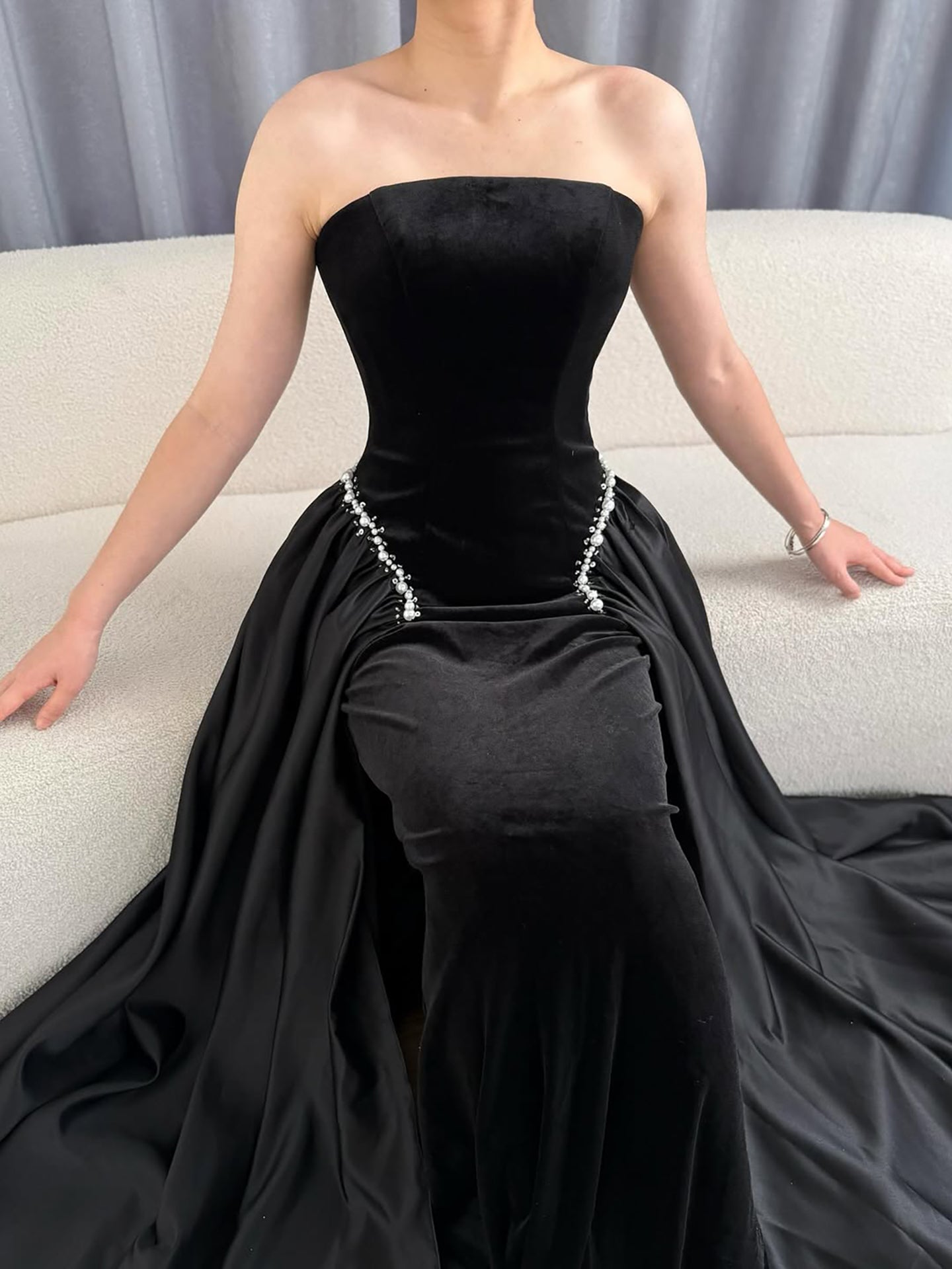 Luxury Navy Blue Mermaid Pearls Evening Dress Gowns With Skirt LA73351