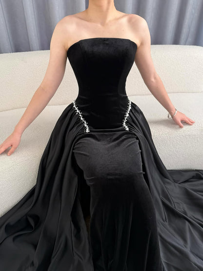 Luxury Navy Blue Mermaid Pearls Evening Dress Gowns With Skirt LA73351