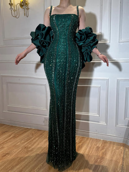 Luxury Kosovo Green Square Beaded Evening Dress with Cape LA73355 - SERENE  HILL