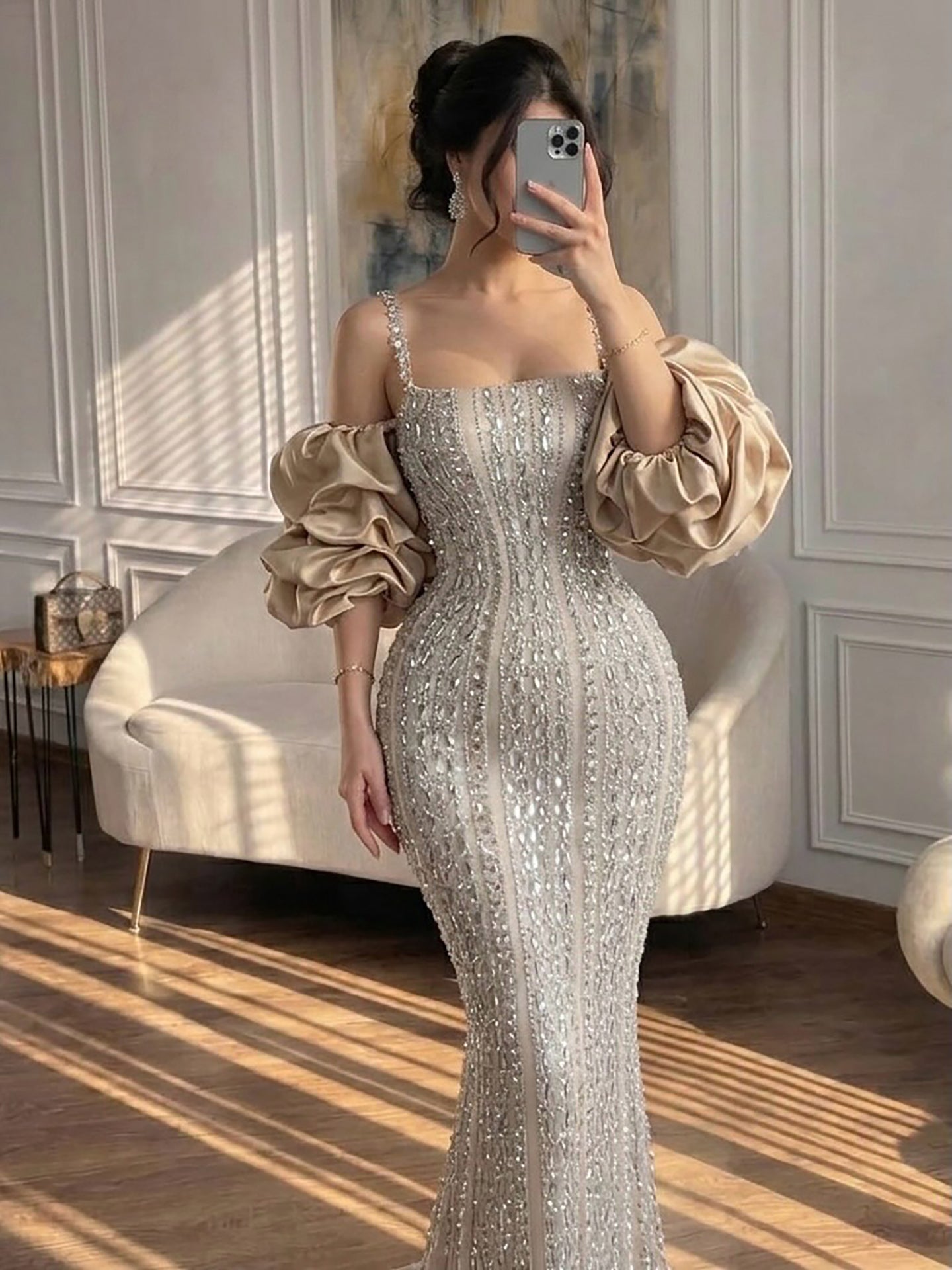 Luxury Kosovo Green Square Beaded Evening Dress with Cape LA73355 SERENE HILL