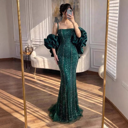 Luxury Kosovo Green Square Beaded Evening Dress with Cape LA73355 - SERENE  HILL