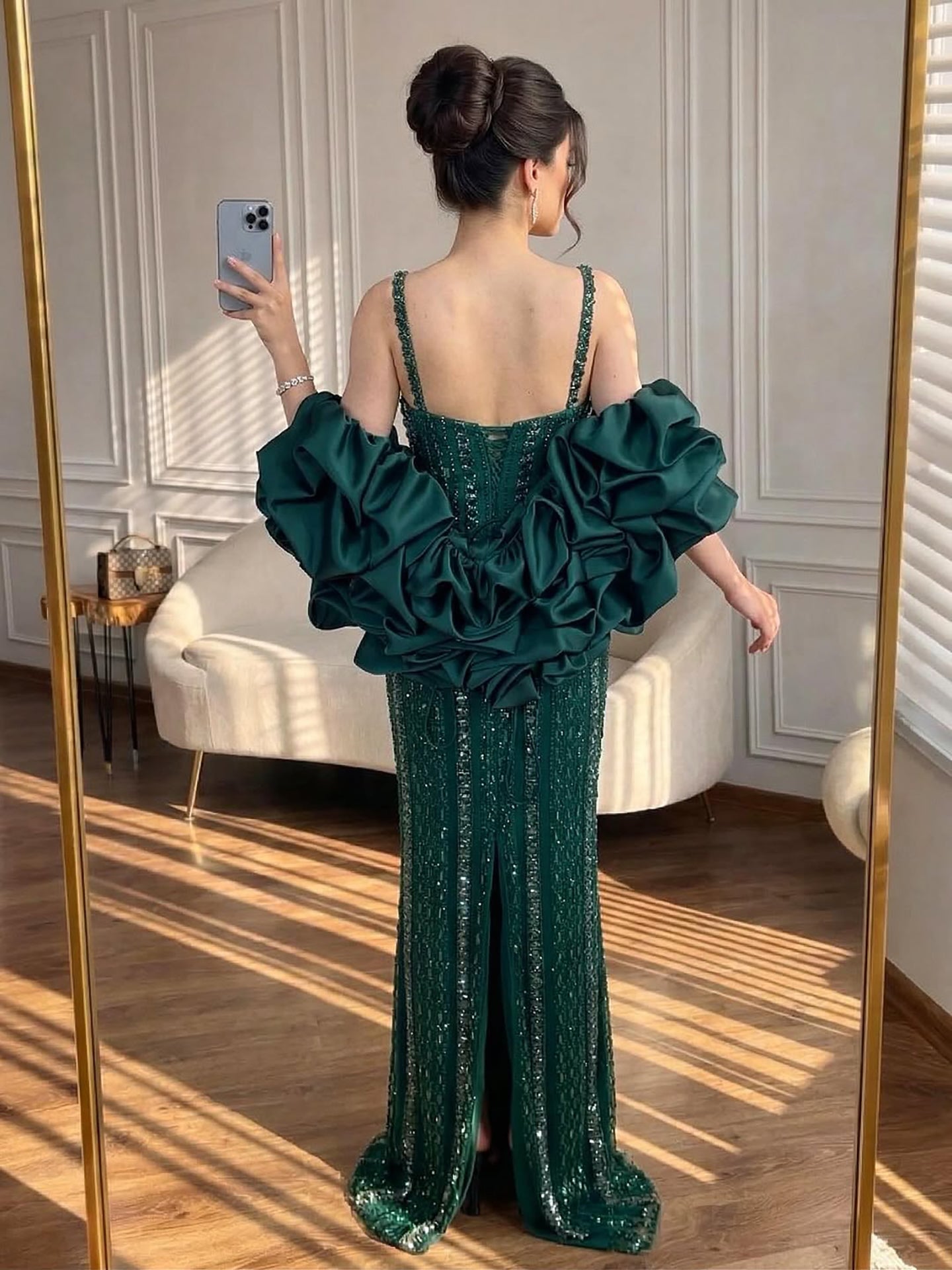 Luxury Kosovo Green Square Beaded Evening Dress with Cape LA73355 - SERENE  HILL