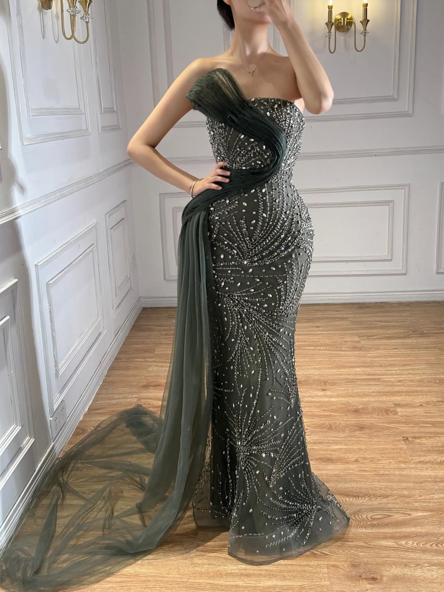 Luxury Arabic Olive Green Ruffles Evening Dress with Train LA73356