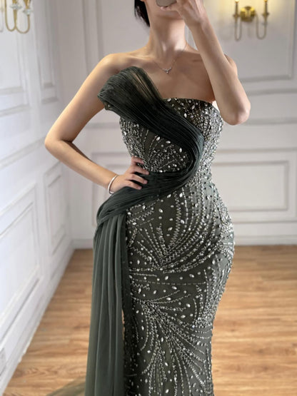 Luxury Arabic Olive Green Ruffles Evening Dress with Train LA73356