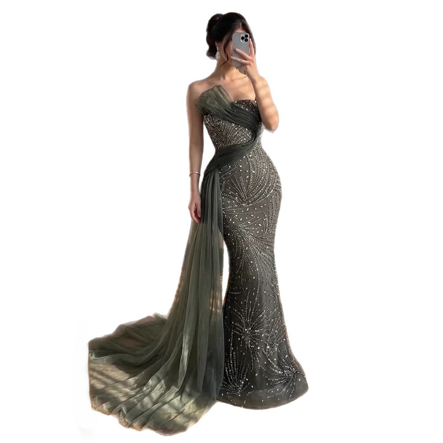 Luxury Arabic Olive Green Ruffles Evening Dress with Train LA73356