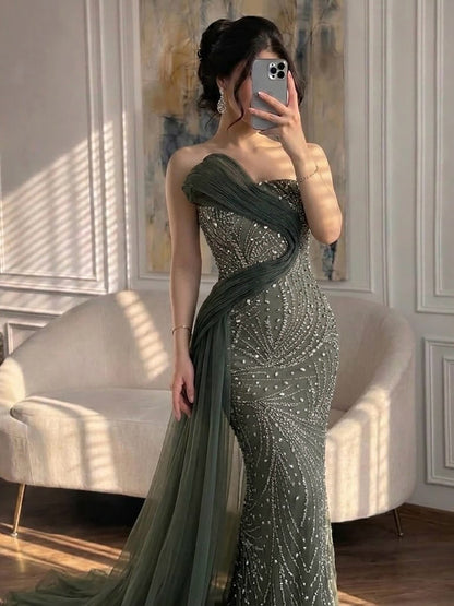Luxury Arabic Olive Green Ruffles Evening Dress with Train LA73356