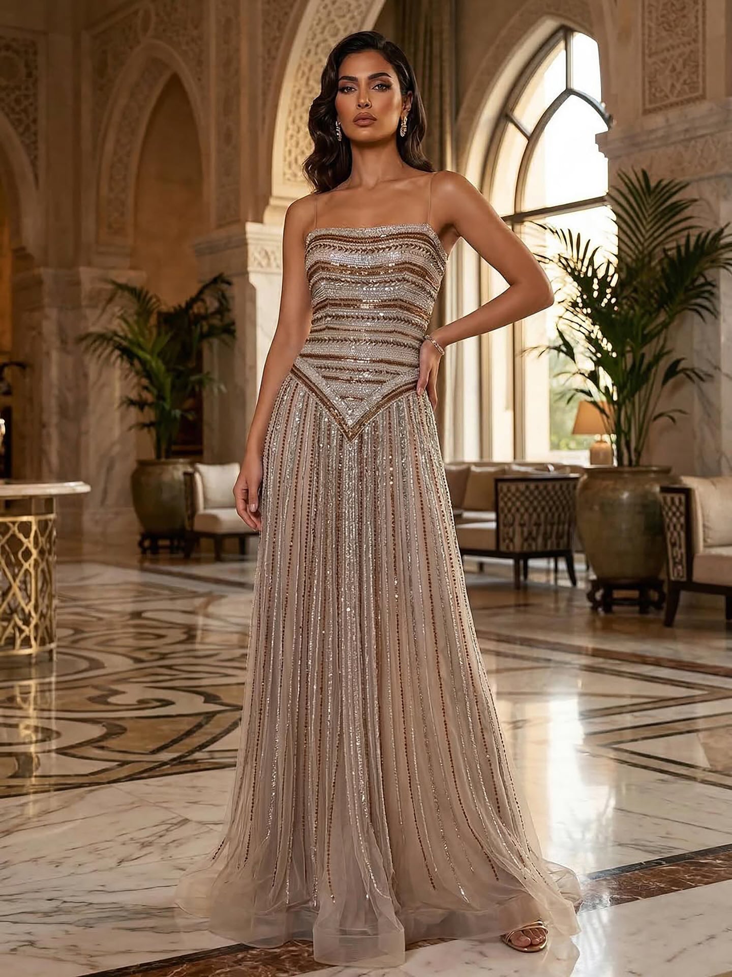 Luxury Caramel Beaded Arabic A-Line Corset Evening Dress LA73359 - SERENE  HILL