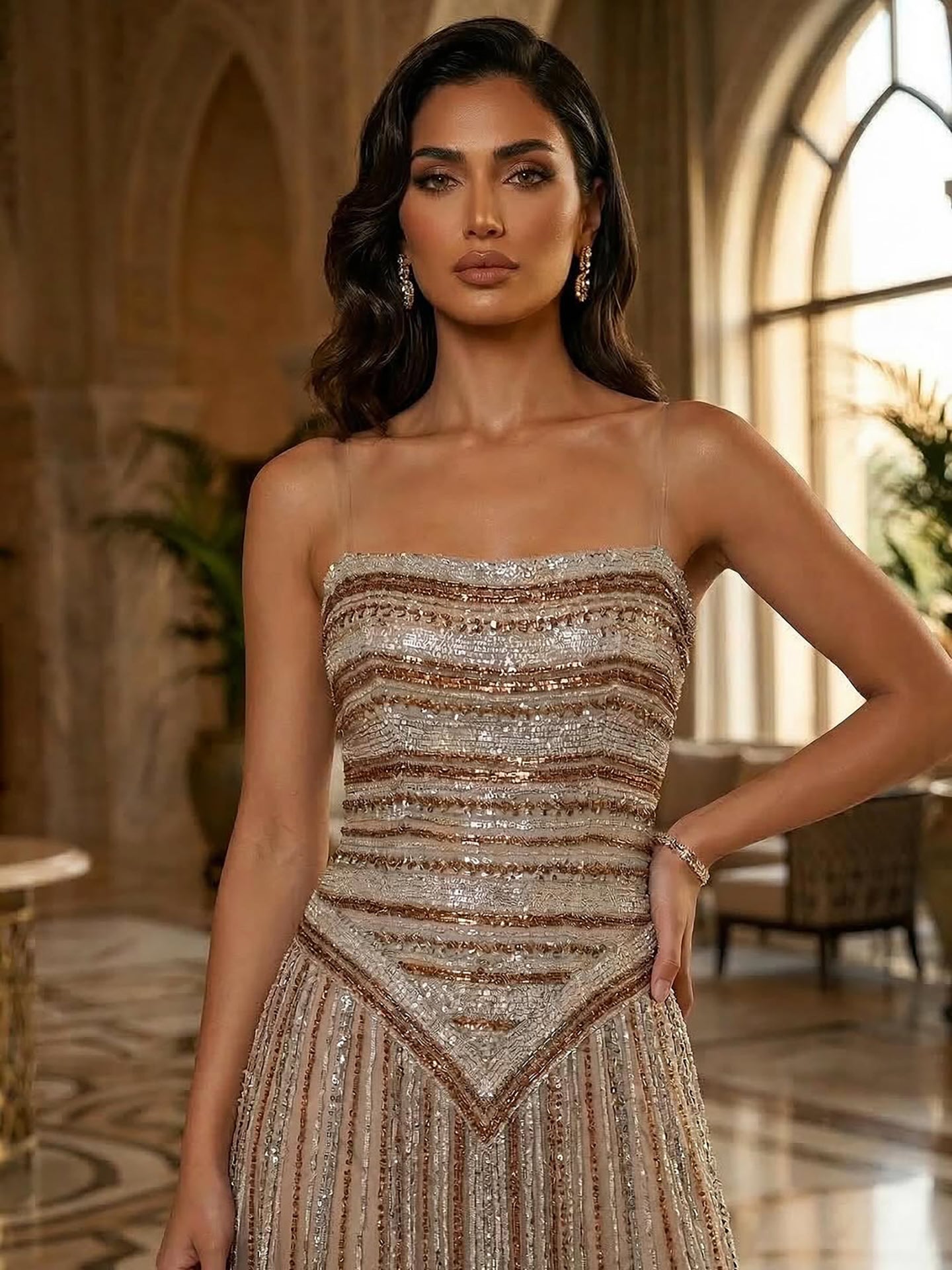 Luxury Caramel Beaded Arabic A-Line Corset Evening Dress LA73359 - SERENE  HILL