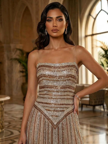 Luxury Caramel Beaded Arabic A-Line Corset Evening Dress LA73359 - SERENE  HILL