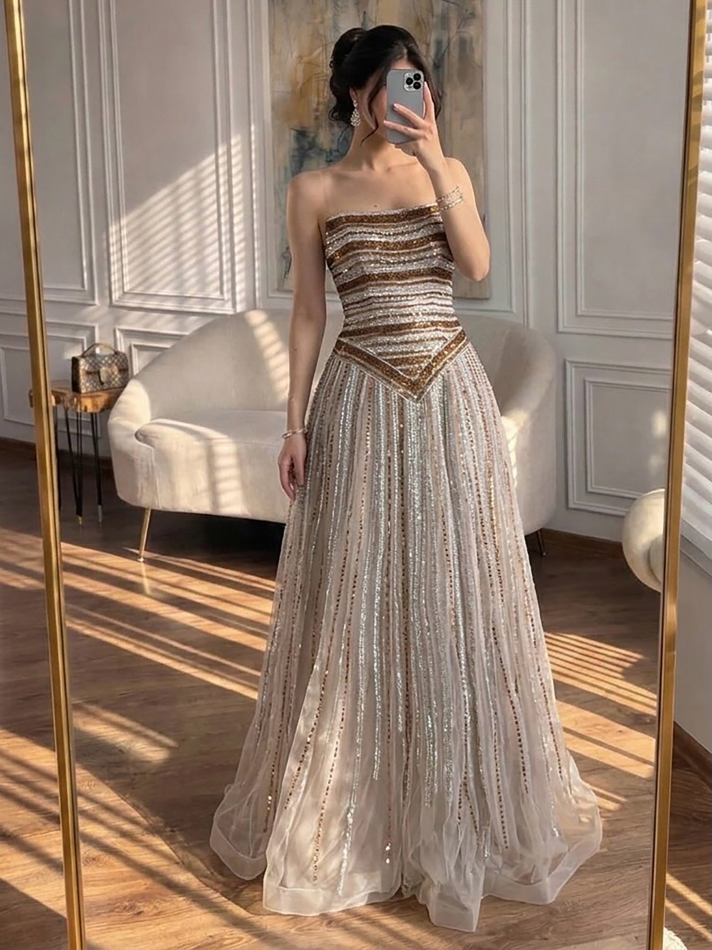 Luxury Caramel Beaded Arabic A-Line Corset Evening Dress LA73359