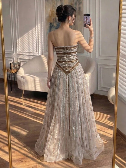 Luxury Caramel Beaded Arabic A-Line Corset Evening Dress LA73359