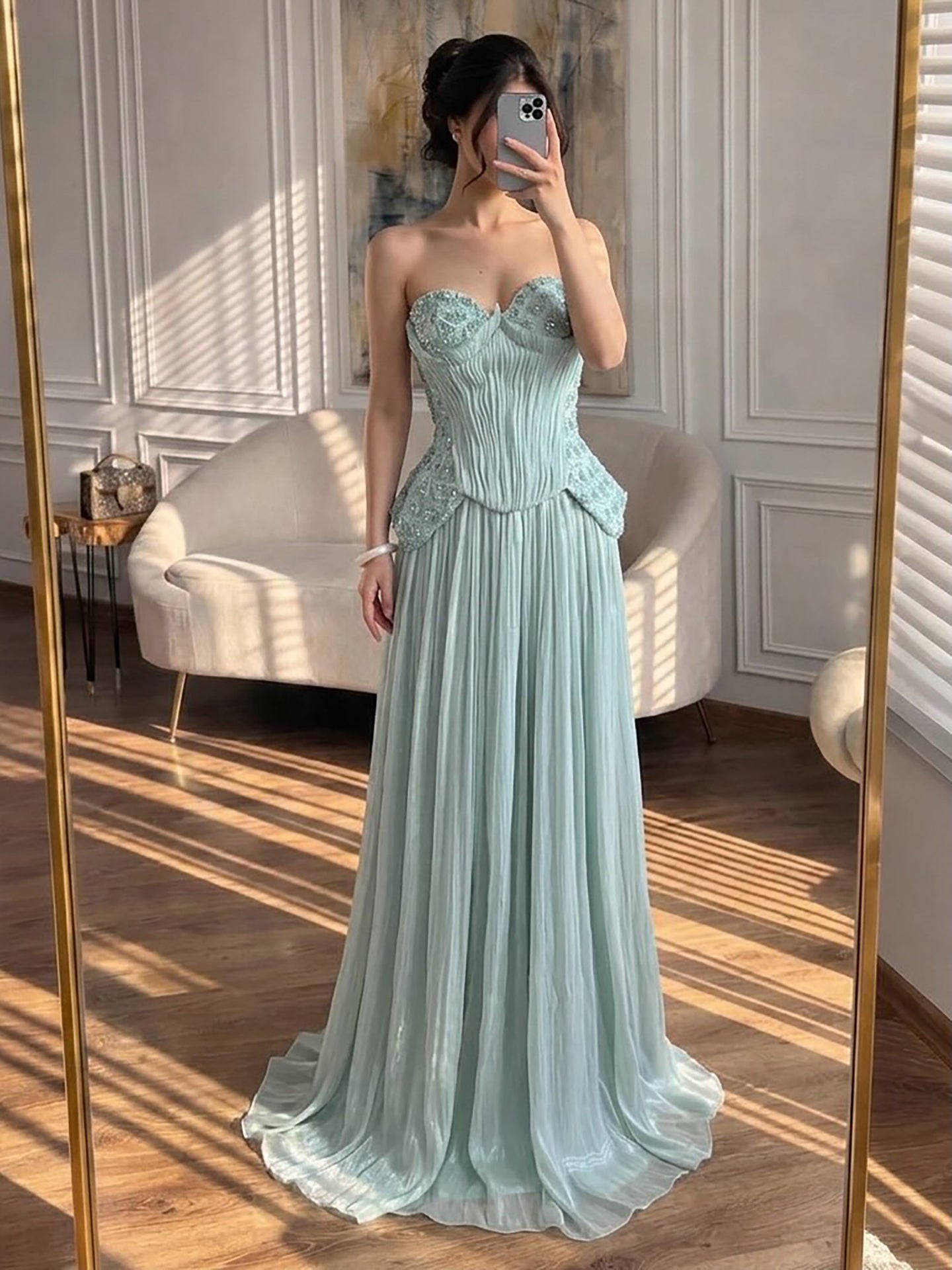 Luxury Sage Green Two Pieces Corset Evening Dress LA73360