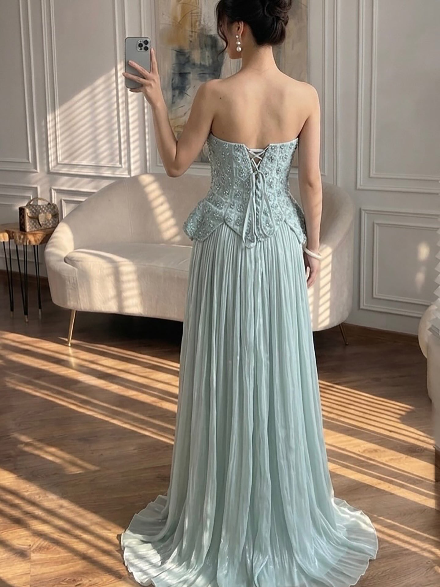 Luxury Sage Green Two Pieces Corset Evening Dress LA73360