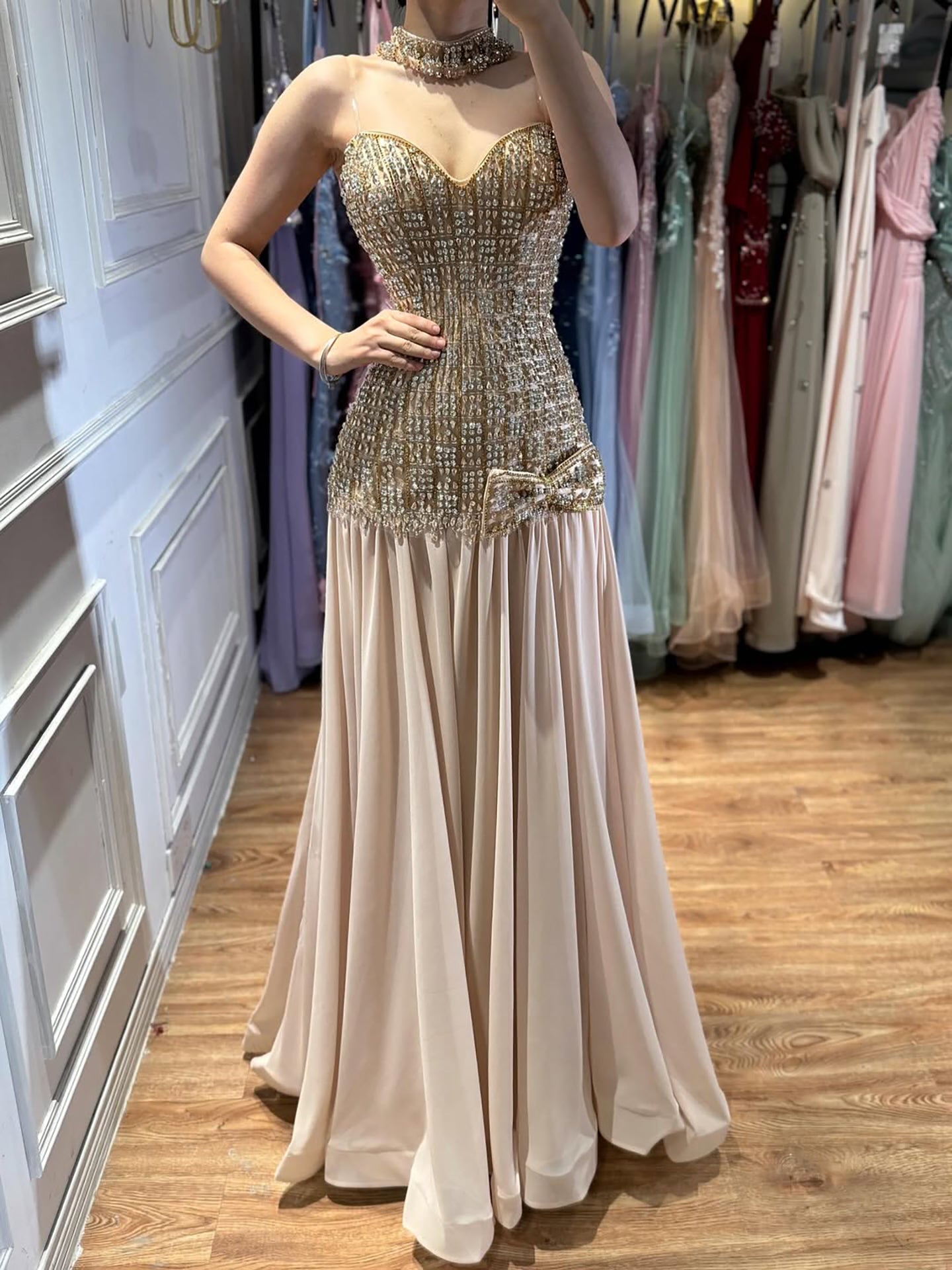 Luxury Champagne A-Line Crystal Beaded Evening Dress LA73361 - SERENE  HILL