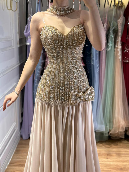 Luxury Champagne A-Line Crystal Beaded Evening Dress LA73361 - SERENE  HILL