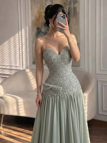 Luxury Champagne A-Line Crystal Beaded Evening Dress LA73361 SERENE HILL