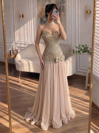 Luxury Champagne A-Line Crystal Beaded Evening Dress LA73361 - SERENE  HILL
